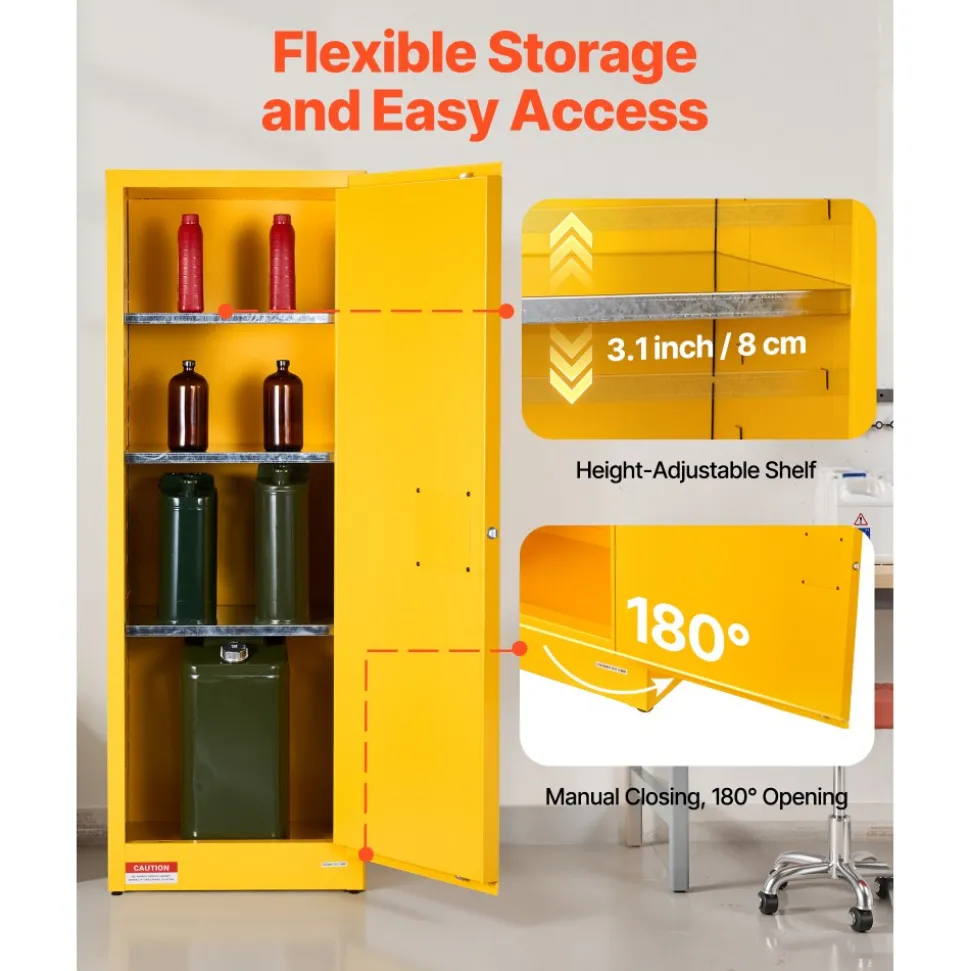 VEVOR Flammable Cabinet, 23.2 x 18.1 x 65.0 inch, 23 Gallon Flammable Storage Cabinet with Adjustable Shelf, Cold-Rolled and Galvanized Steel Fire Cabinets, for Commercial Industrial Home Use, Yellow