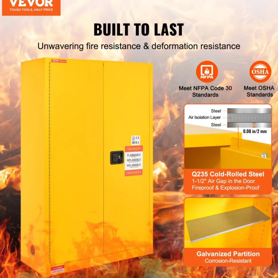 VEVOR Flammable Safety Cabinet, 45 Gal, Cold-Rolled Steel Flammable Liquid Storage Cabinet, 42.9 x 18.1 x 65.2 in Explosion Proof with 2 Adjustable Shelves 2 Manual Doors for Industrial Use, Yellow