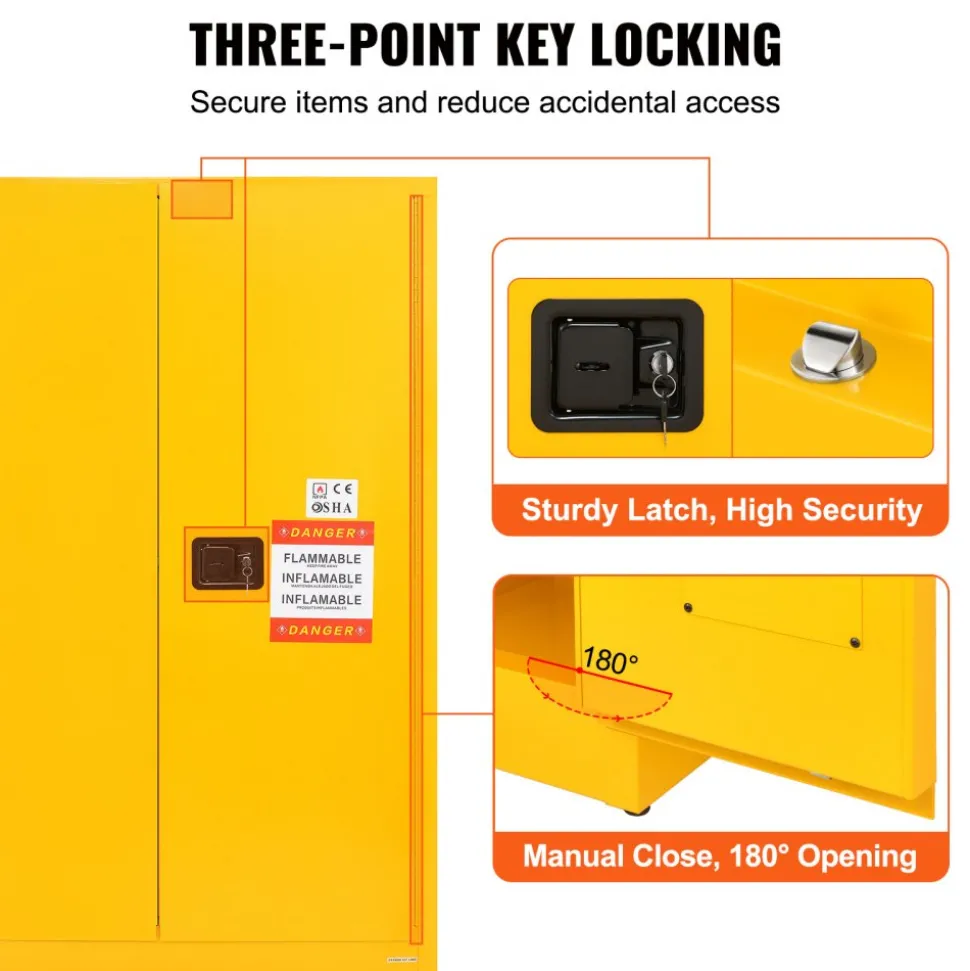 VEVOR Flammable Safety Cabinet, 45 Gal, Cold-Rolled Steel Flammable Liquid Storage Cabinet, 42.9 x 18.1 x 65.2 in Explosion Proof with 2 Adjustable Shelves 2 Manual Doors for Industrial Use, Yellow