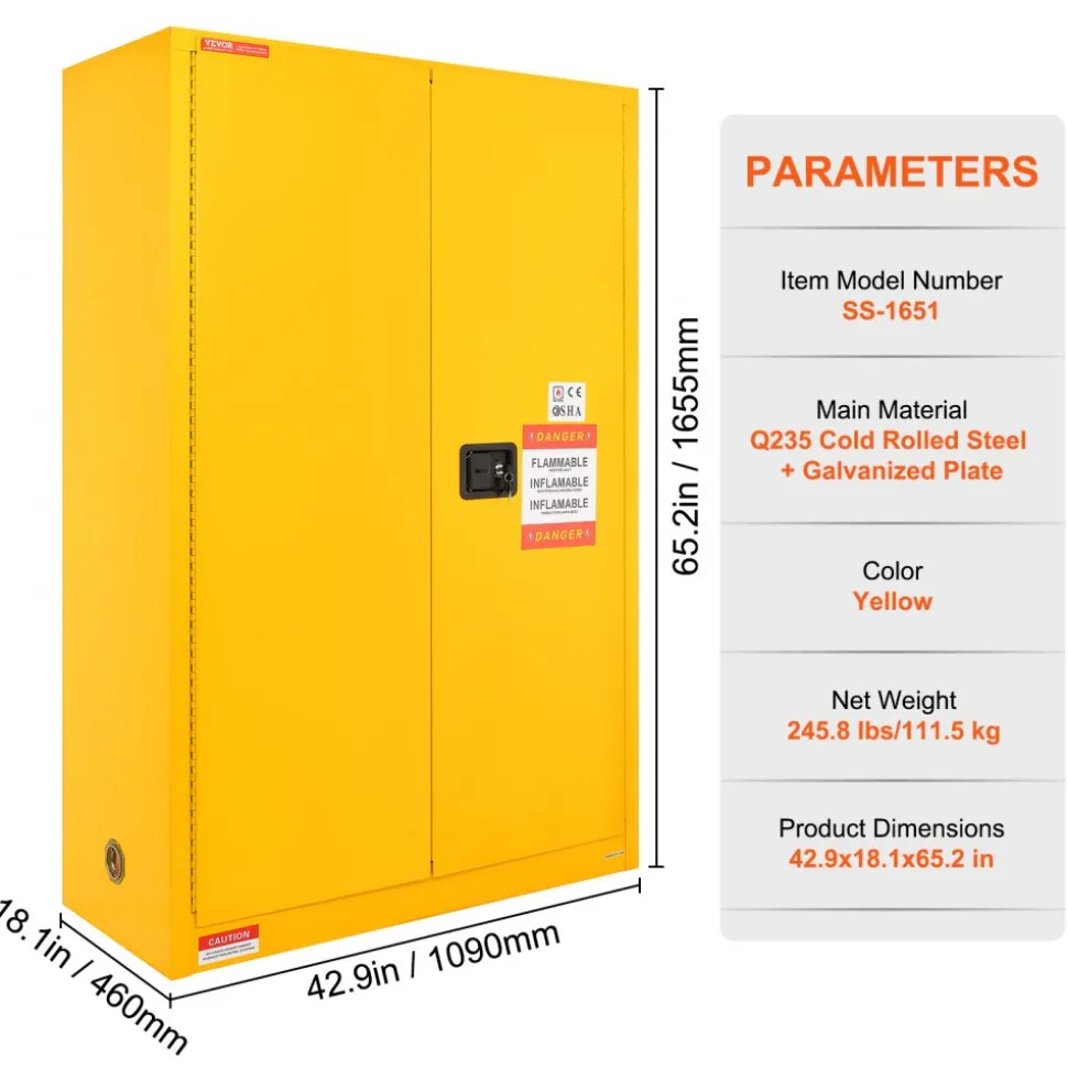 VEVOR Flammable Safety Cabinet, 45 Gal, Cold-Rolled Steel Flammable Liquid Storage Cabinet, 42.9 x 18.1 x 65.2 in Explosion Proof with 2 Adjustable Shelves 2 Manual Doors for Industrial Use, Yellow