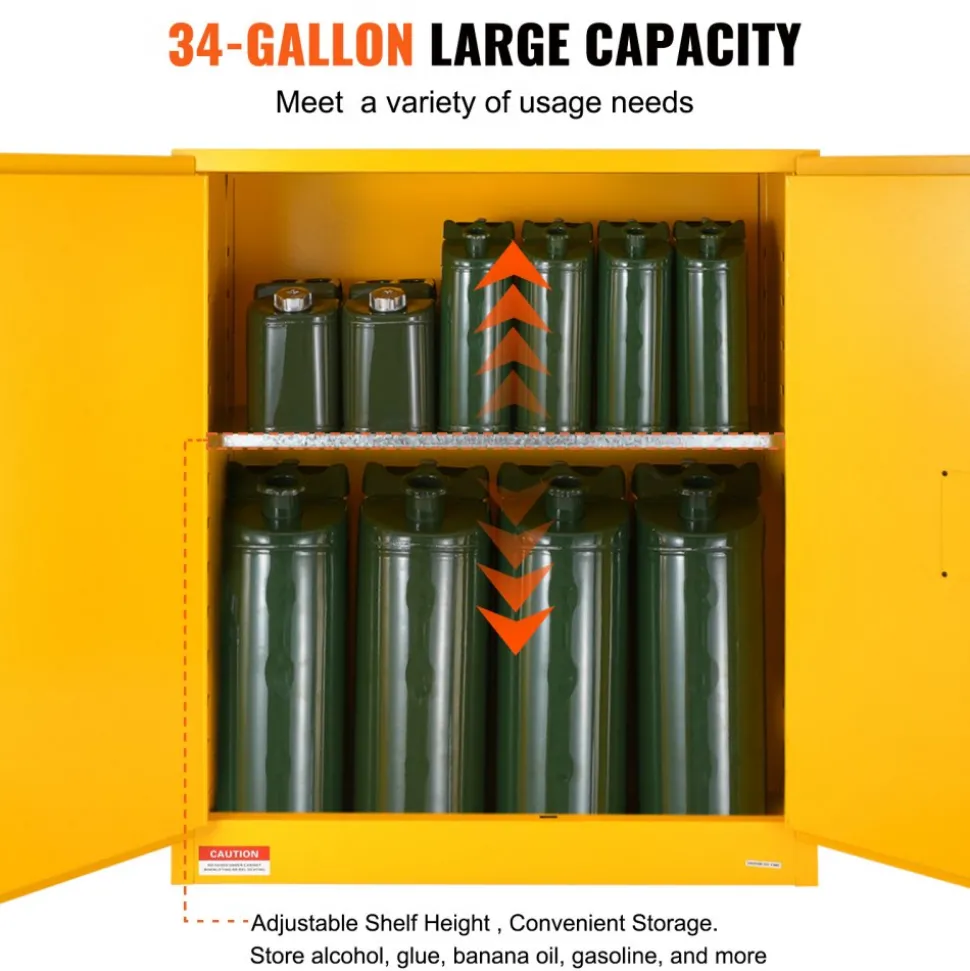 VEVOR Flammable Storage Cabinet 34 Gal, 43.1x18.1x50.1 inch Cold-Rolled Steel Flammable Liquid Storage Cabinet Explosion Proof with 1 Adjustable Shelf 2 Manual Closing Doors for Industrial Use, Yellow