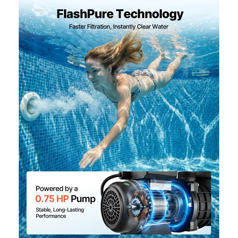 VEVOR FlashPure Sand Filter Pump, 14 in for Above Ground Pool, 0.75 HP 3500 GPH, Swimming Pool Filter System with Timer, 6X Faster Filtration, Media Installed, Leak-Resistant, Ready to Use Out of Box