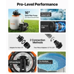 VEVOR FlashPure Sand Filter Pump, 16 in for Above Ground Pool, 1 HP 4400 GPH, Swimming Pool Filter System with Timer, 6X Faster Filtration with Media Installed, Leak-Resistant, Ready to Use Out of Box
