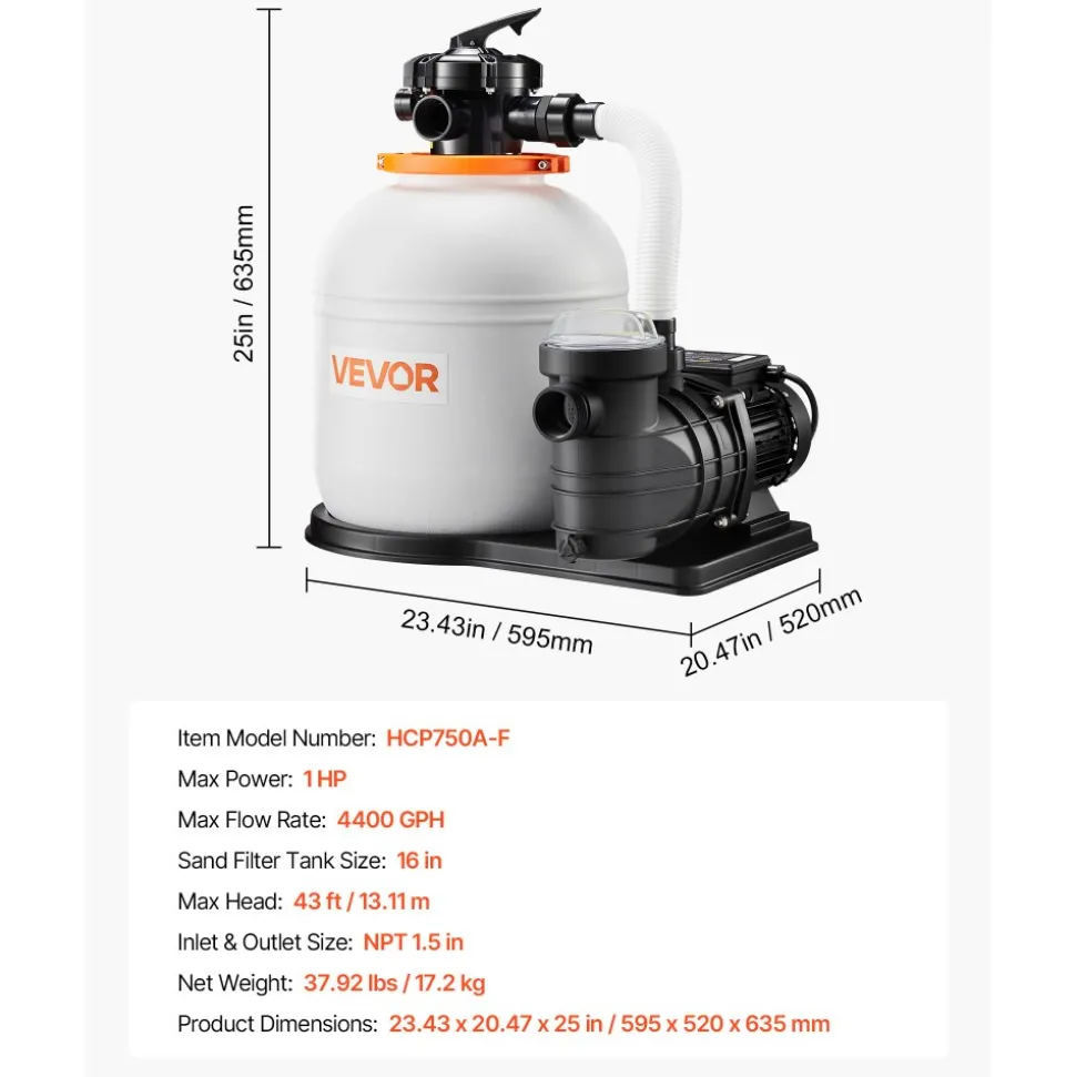 VEVOR FlashPure Sand Filter Pump, 16 in for Above Ground Pool, 1 HP 4400 GPH, Swimming Pool Filter System with Timer, 6X Faster Filtration with Media Installed, Leak-Resistant, Ready to Use Out of Box