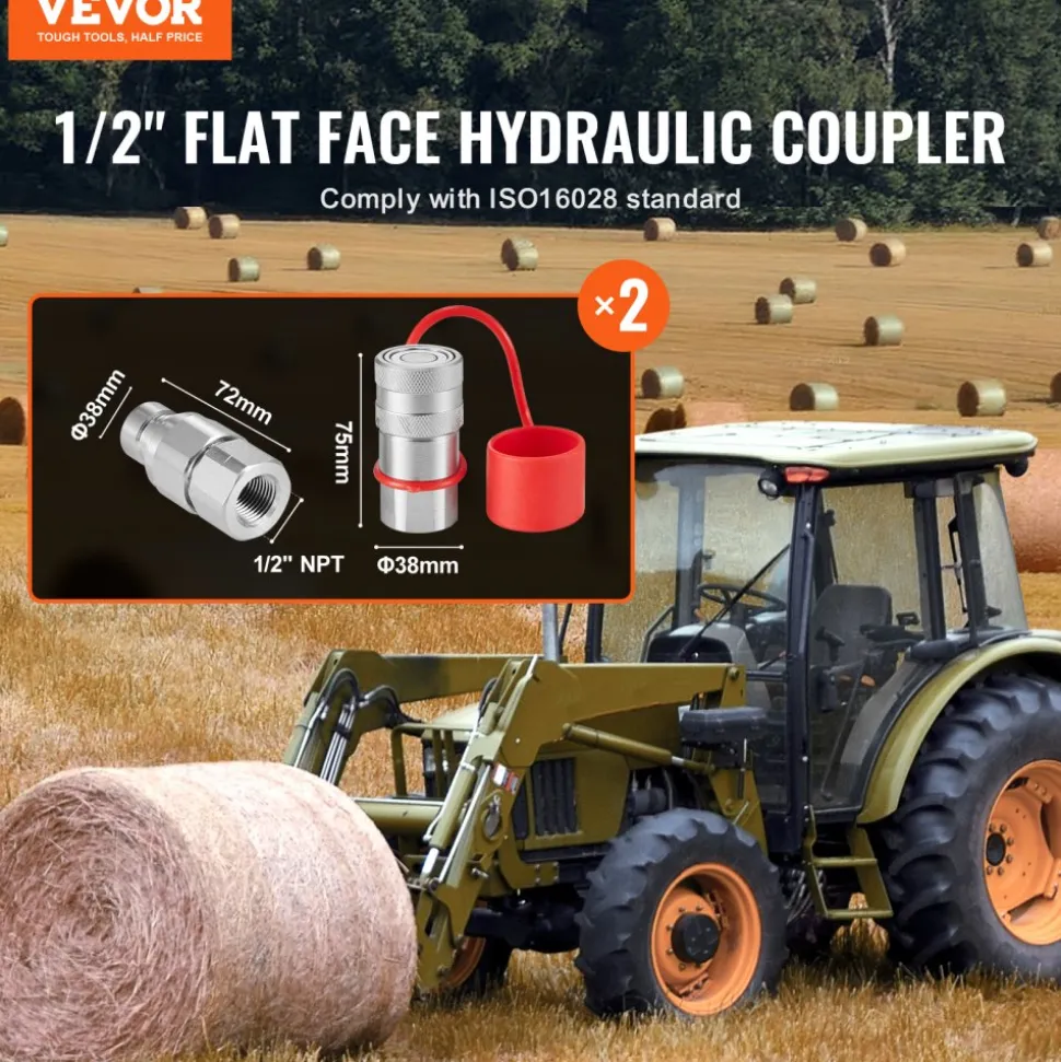 VEVOR 1/2" Flat Face Hydraulic Couplers, 1/2" NPT Skid Steer Hydraulic Quick Connect Couplers with 4 Dust Caps (ISO16028)