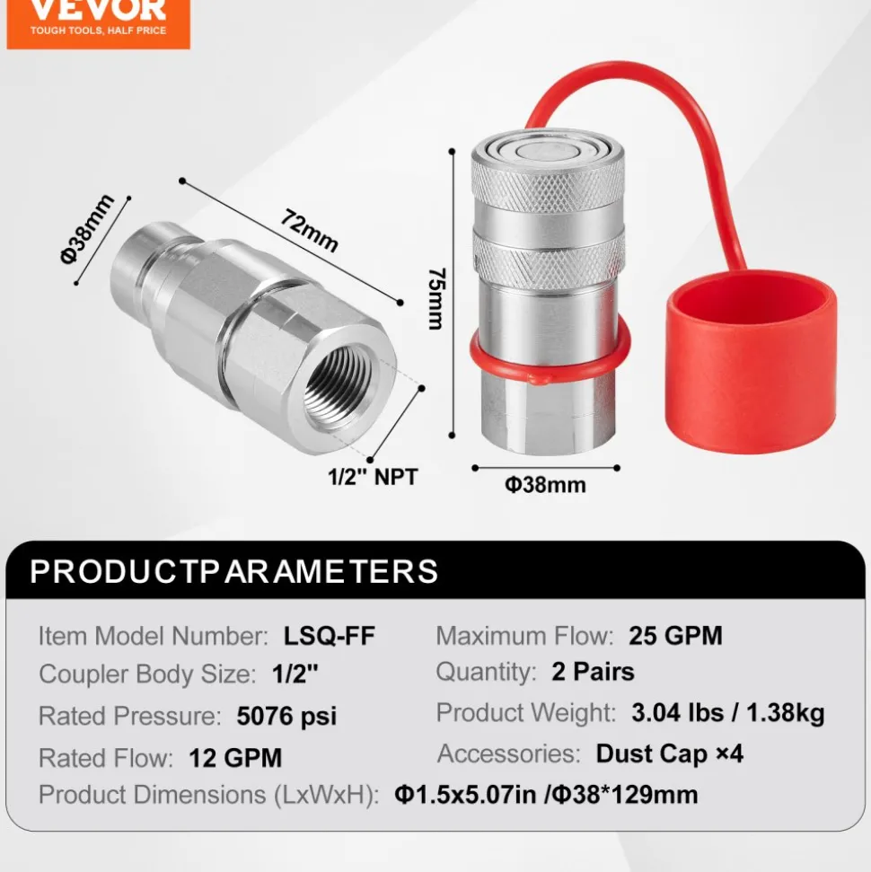 VEVOR 1/2" Flat Face Hydraulic Couplers, 1/2" NPT Skid Steer Hydraulic Quick Connect Couplers with 4 Dust Caps (ISO16028)