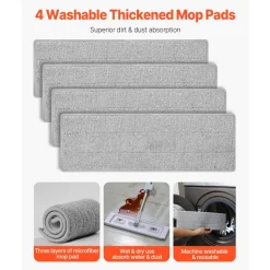 VEVOR Flat Mop, Self Wringing, Microfiber Floor Mop with 4 Reusable & Washable Mop Pads for Dry & Wet Floor Cleaning, Microfiber Flat Mop with Stainless Steel Handle for Hardwood Laminate Tile Vinyl