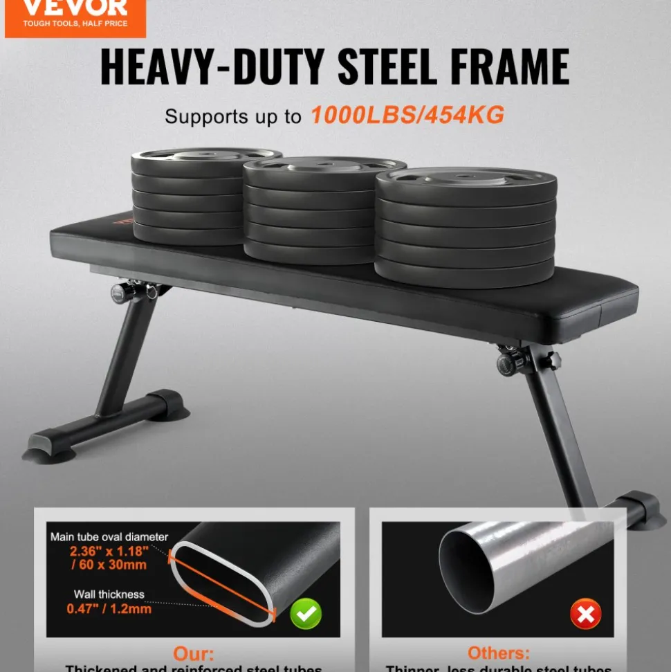 VEVOR Flat Weight Bench, Foldable Strength Training Bench, Utility Workout Bench for Full Body Workout, 1000 LBS Press Bench for Home Gym Exercise, for Multi-Purpose Weight Training and Ab Exercises