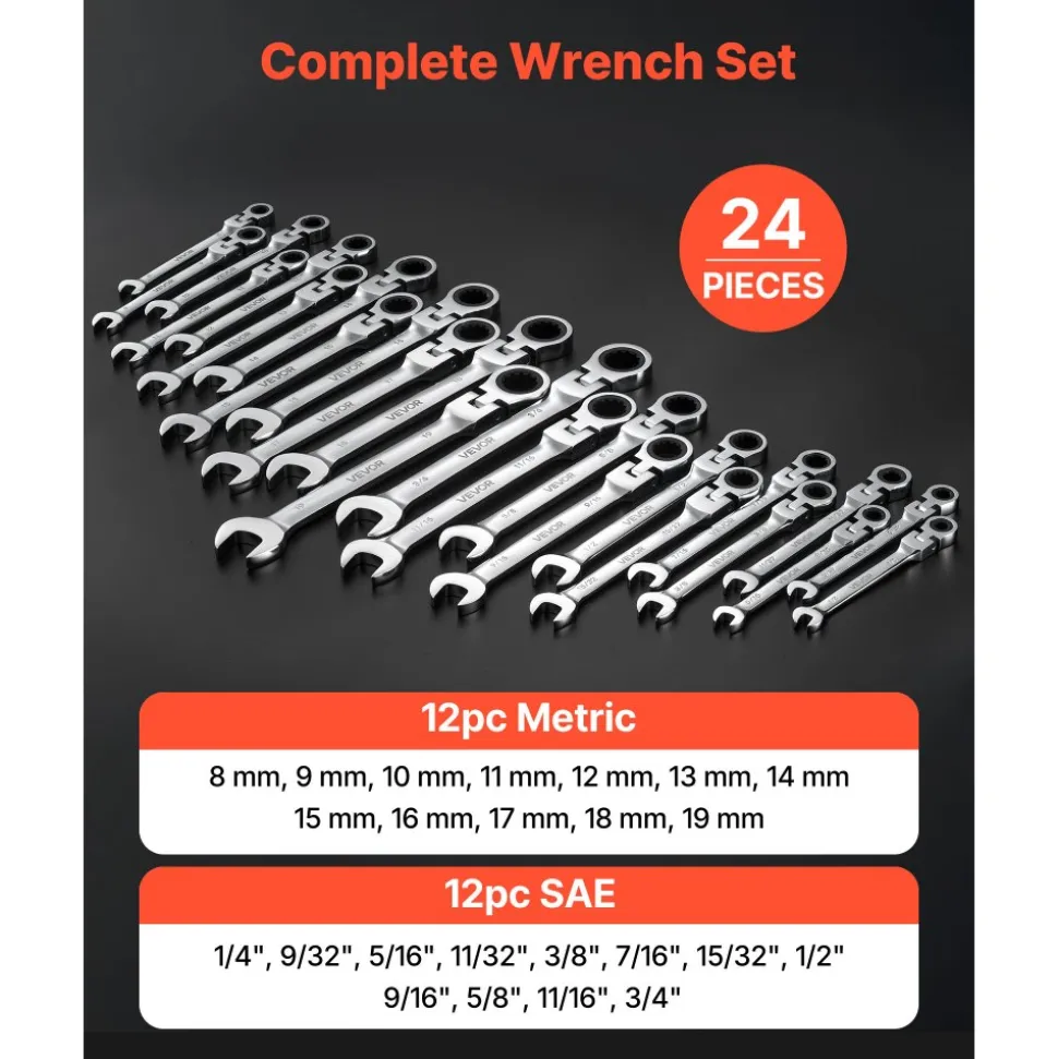 VEVOR Flex-Head Ratcheting Wrench Set, 24-Piece SAE and Metric, 72 Teeth, Cr-V Steel Ratchet Flexible Combination Wrench Set with Storage Case, for General Household and Automotive Repairs, Black