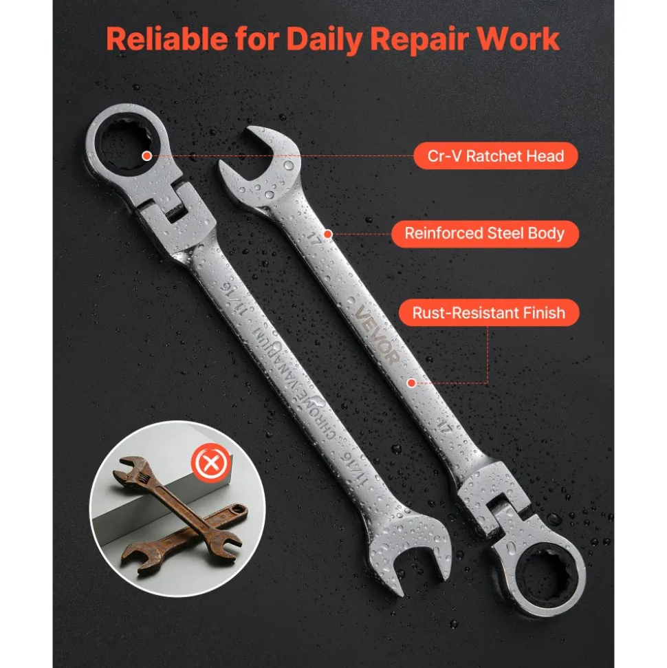 VEVOR Flex-Head Ratcheting Wrench Set, 24-Piece SAE and Metric, 72 Teeth, Cr-V Steel Ratchet Flexible Combination Wrench Set with Storage Case, for General Household and Automotive Repairs, Black