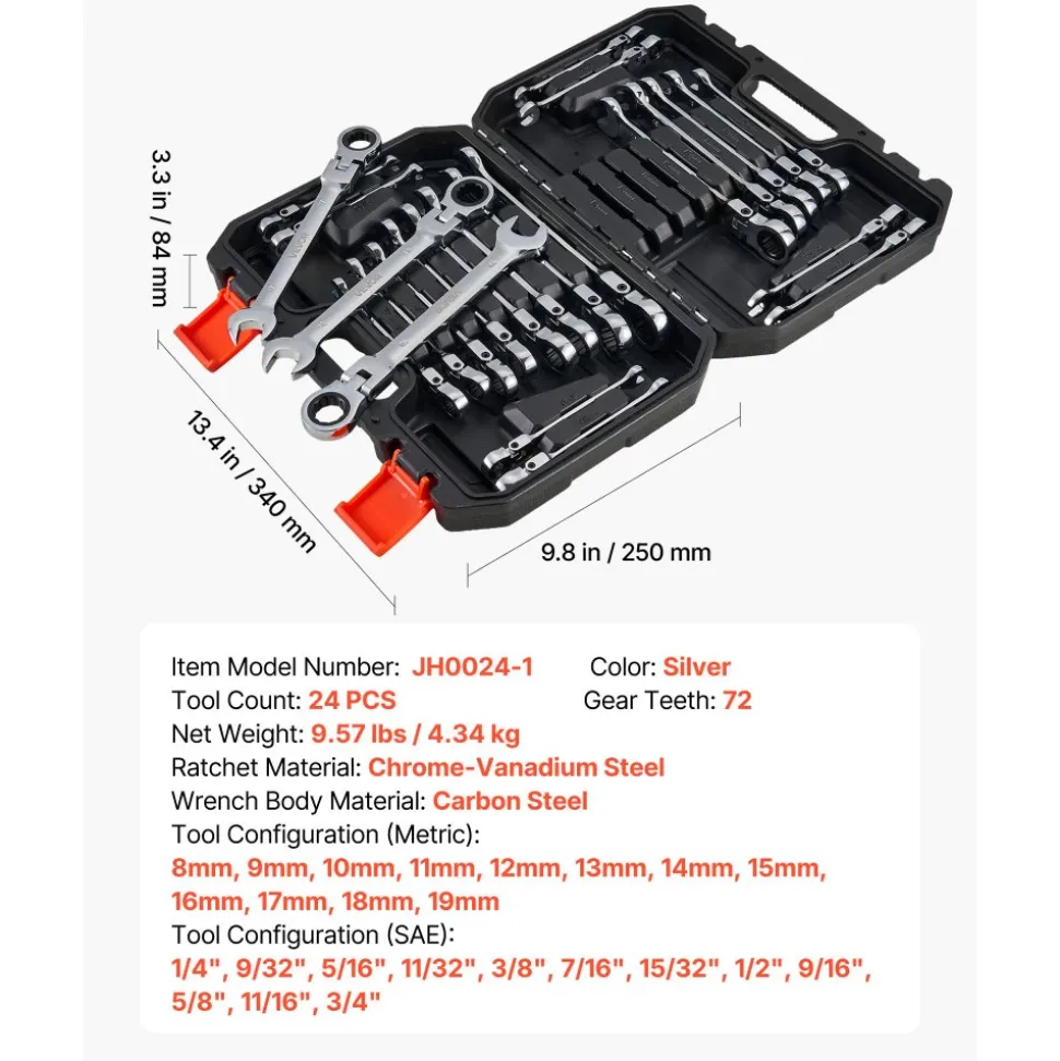 VEVOR Flex-Head Ratcheting Wrench Set, 24-Piece SAE and Metric, 72 Teeth, Cr-V Steel Ratchet Flexible Combination Wrench Set with Storage Case, for General Household and Automotive Repairs, Black