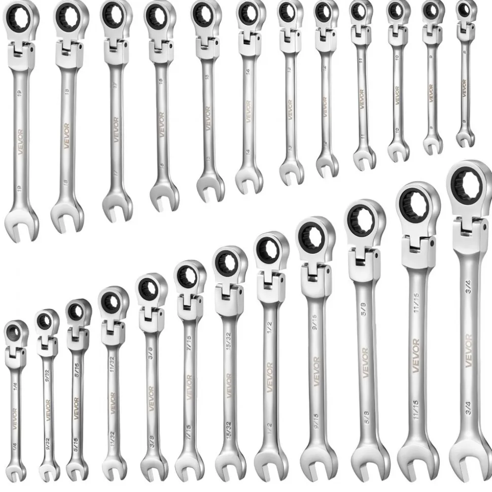 VEVOR Flex-Head Ratcheting Wrench Set, 24-Piece SAE and Metric, 72 Teeth, Cr-V Steel Ratchet Flexible Combination Wrench Set with Storage Case, for General Household and Automotive Repairs, Black