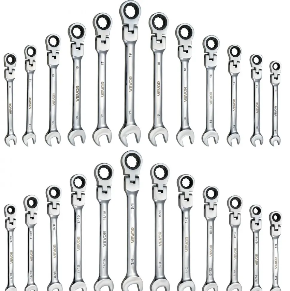 VEVOR Flex-Head Ratcheting Wrench Set, 24-Piece SAE and Metric, 72 Teeth, Cr-V Steel Ratchet Flexible Combination Wrench Set with Storage Case, for General Household and Automotive Repairs, Black