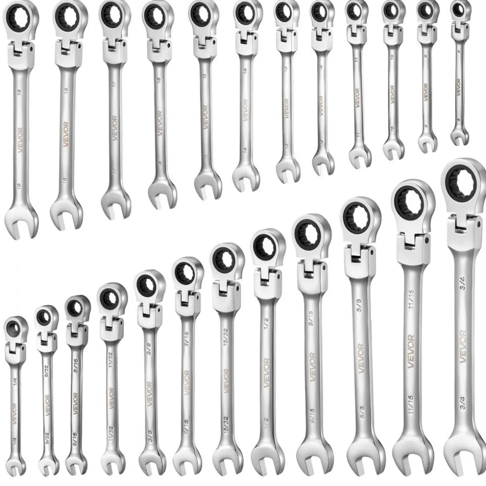 VEVOR Flex-Head Ratcheting Wrench Set, 24-Piece SAE and Metric, 72 Teeth, Cr-V Steel Ratchet Flexible Combination Wrench Set with Storage Case, for General Household and Automotive Repairs, Black