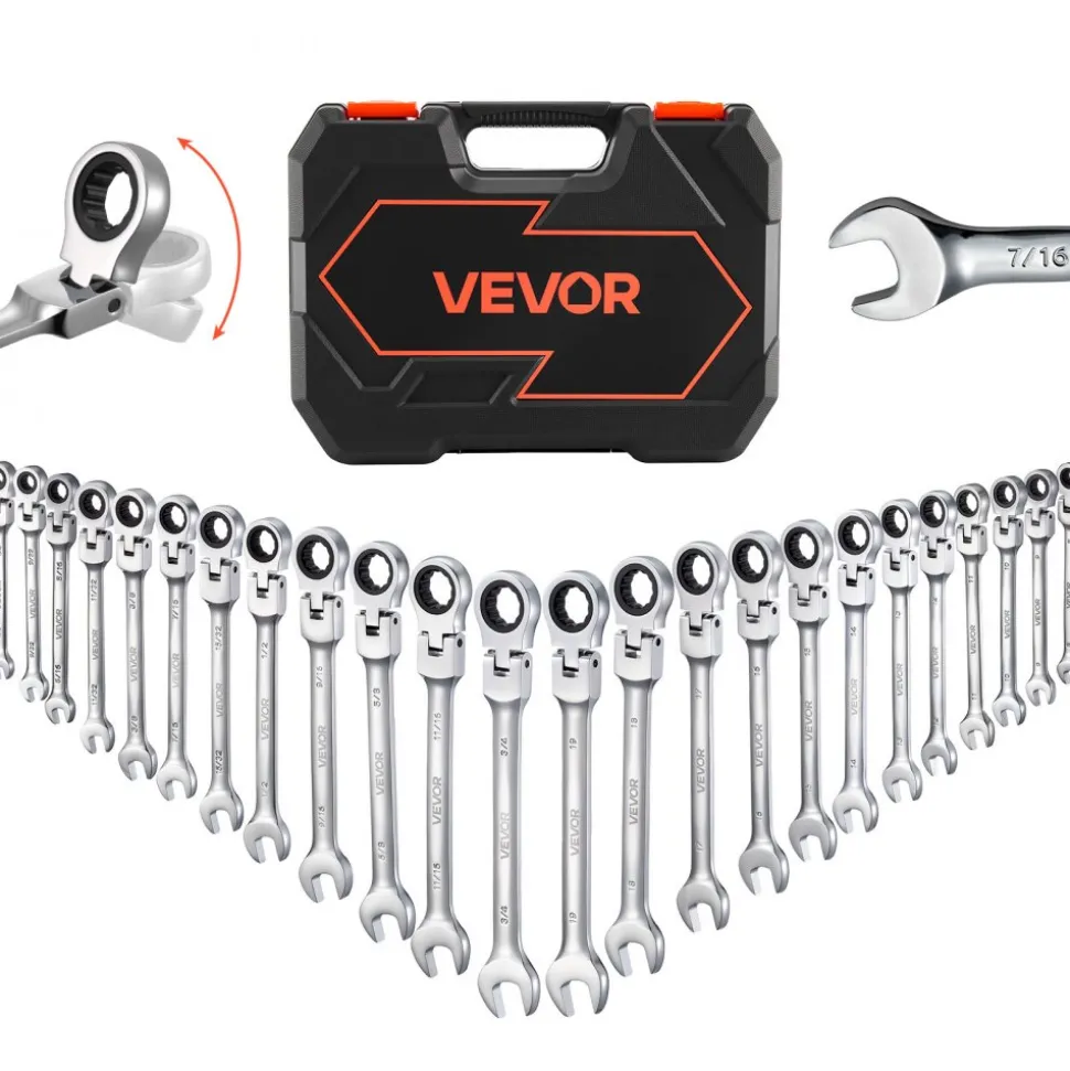 VEVOR Flex-Head Ratcheting Wrench Set, 24-Piece SAE and Metric, 72 Teeth, Cr-V Steel Ratchet Flexible Combination Wrench Set with Storage Case, for General Household and Automotive Repairs, Black