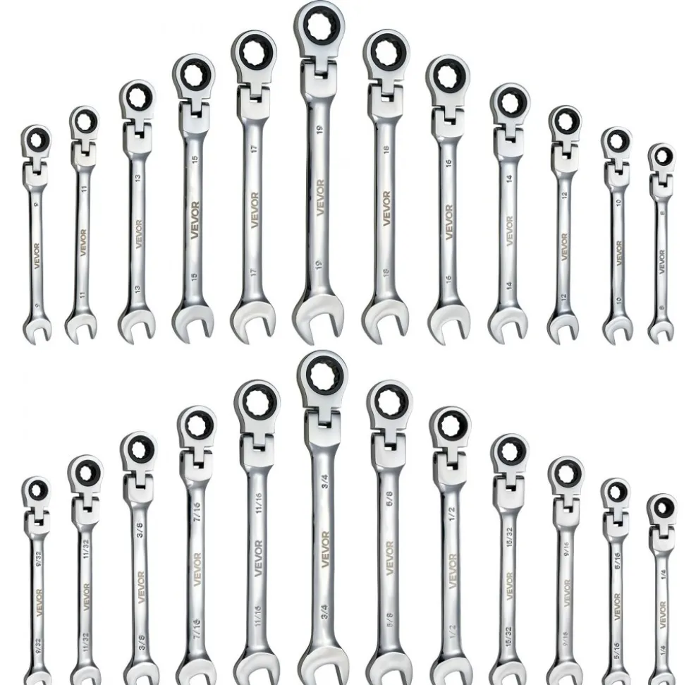 VEVOR Flex-Head Ratcheting Wrench Set, 24-Piece SAE and Metric, 72 Teeth, Cr-V Steel Ratchet Flexible Combination Wrench Set with Storage Case, for General Household and Automotive Repairs, Black