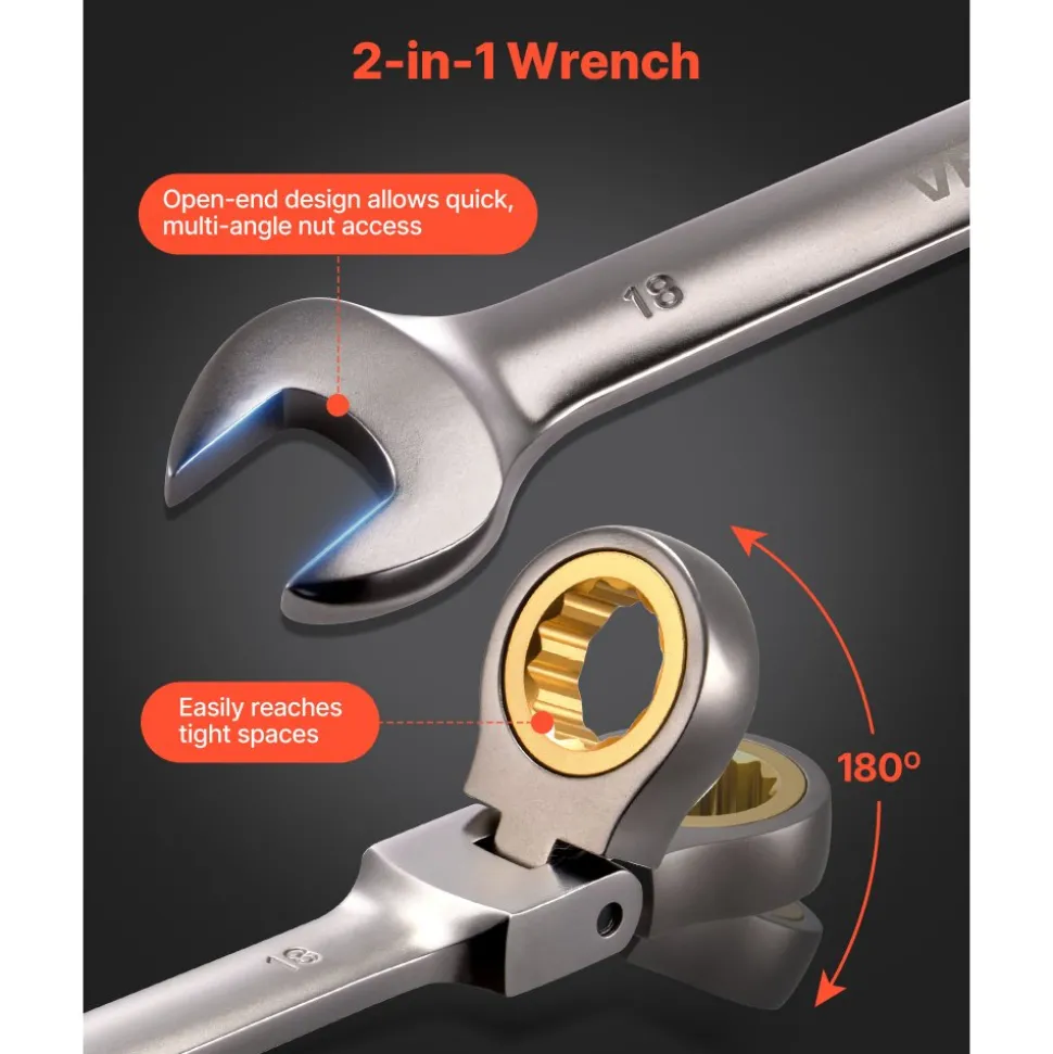 VEVOR Flex-Head Ratcheting Wrench Set, 12-Piece Metric 8 mm to 19 mm, 72 Teeth, Cr-V Steel Ratchet Flexible Combination Wrench Set with Roll Up Pouch, for General Household and Automotive Repairs
