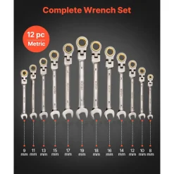 VEVOR Flex-Head Ratcheting Wrench Set, 12-Piece Metric 8 mm to 19 mm, 72 Teeth, Cr-V Steel Ratchet Flexible Combination Wrench Set with Roll Up Pouch, for General Household and Automotive Repairs