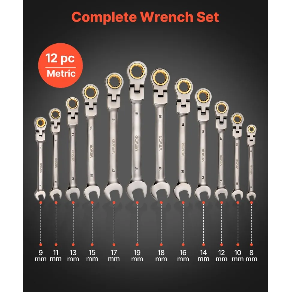 VEVOR Flex-Head Ratcheting Wrench Set, 12-Piece Metric 8 mm to 19 mm, 72 Teeth, Cr-V Steel Ratchet Flexible Combination Wrench Set with Roll Up Pouch, for General Household and Automotive Repairs