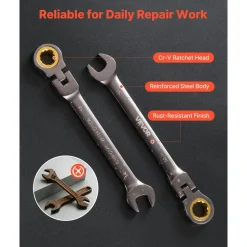 VEVOR Flex-Head Ratcheting Wrench Set, 12-Piece Metric 8 mm to 19 mm, 72 Teeth, Cr-V Steel Ratchet Flexible Combination Wrench Set with Roll Up Pouch, for General Household and Automotive Repairs