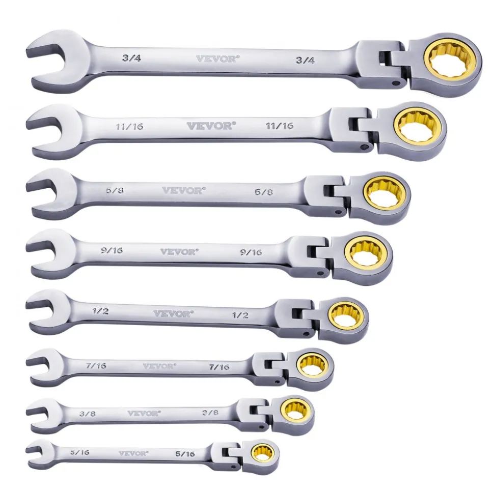 VEVOR Flex-Head Ratcheting Wrench Set, 8-piece Combination Wrench Set with Roll-up Pouch, Cr-V Steel Flexible Ratcheting Wrench Set SAE 5/16" to 3/4", Ideal for General Household, Workshop, Garage