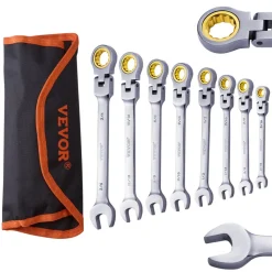 VEVOR Flex-Head Ratcheting Wrench Set, 8-piece Combination Wrench Set with Roll-up Pouch, Cr-V Steel Flexible Ratcheting Wrench Set SAE 5/16