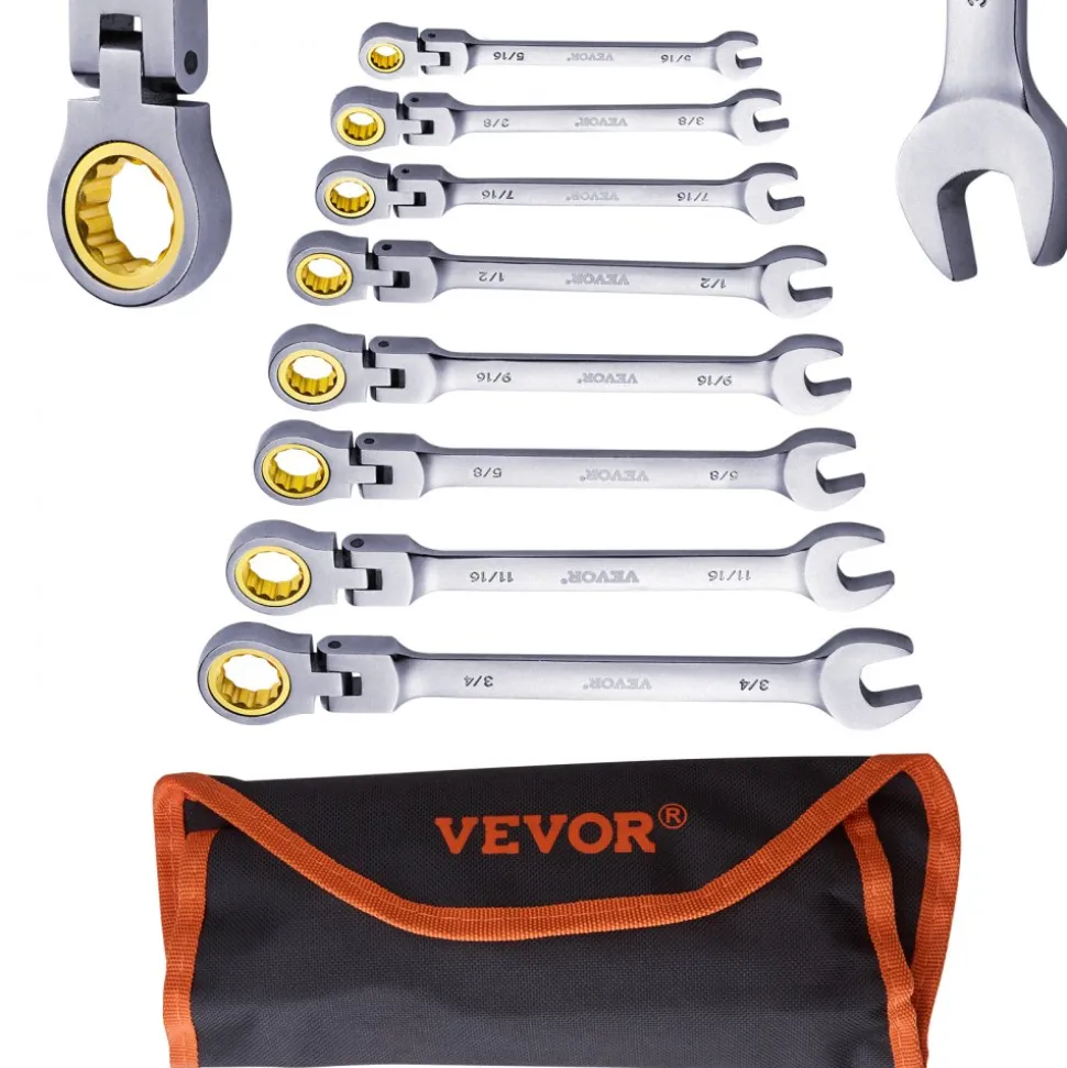 VEVOR Flex-Head Ratcheting Wrench Set, 8-piece Combination Wrench Set with Roll-up Pouch, Cr-V Steel Flexible Ratcheting Wrench Set SAE 5/16" to 3/4", Ideal for General Household, Workshop, Garage