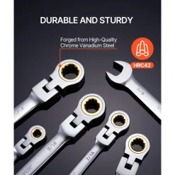VEVOR Flex-Head Ratcheting Wrench Set, 8-piece Combination Wrench Set with Roll-up Pouch, Cr-V Steel Flexible Ratcheting Wrench Set SAE 5/16