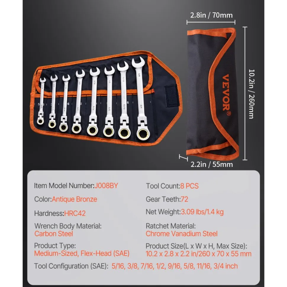 VEVOR Flex-Head Ratcheting Wrench Set, 8-piece Combination Wrench Set with Roll-up Pouch, Cr-V Steel Flexible Ratcheting Wrench Set SAE 5/16" to 3/4", Ideal for General Household, Workshop, Garage