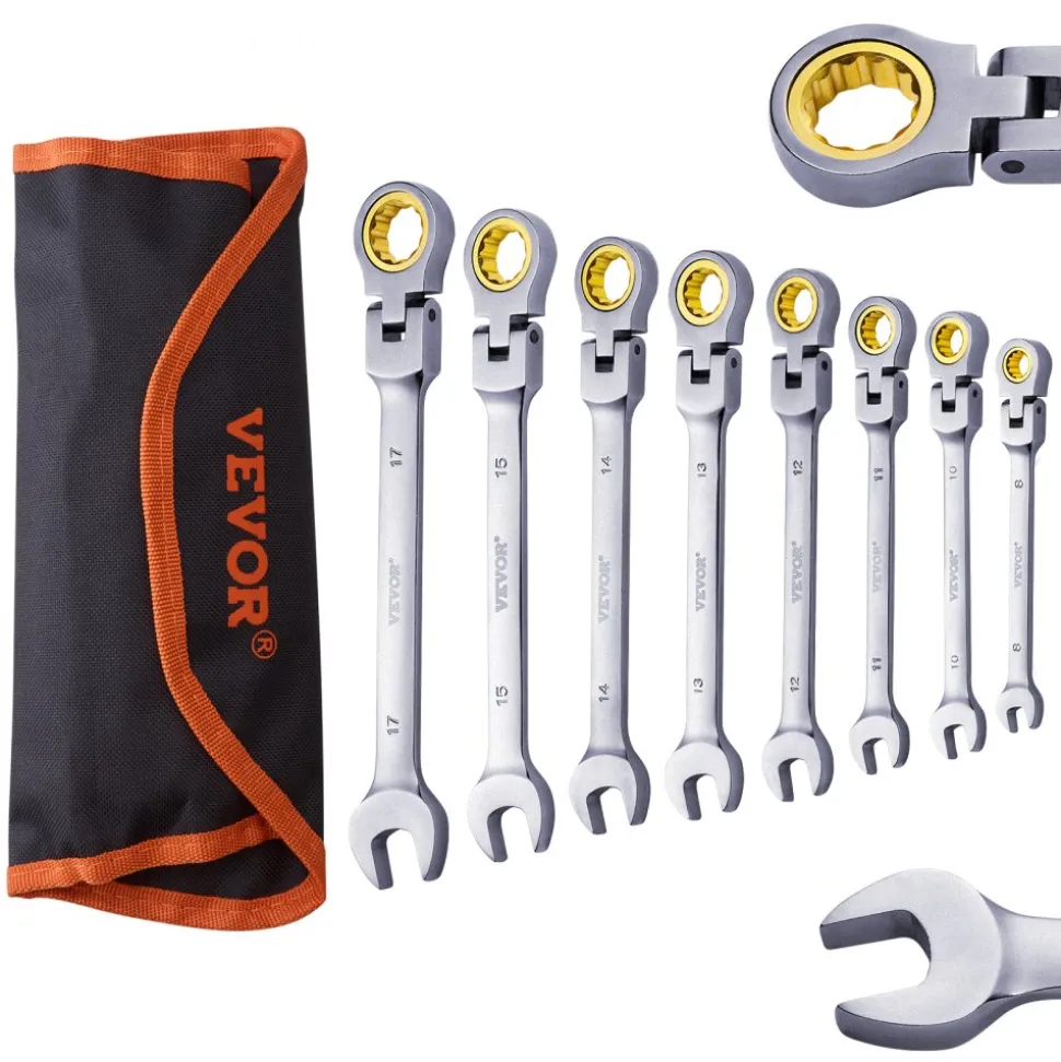 VEVOR Flex-Head Ratcheting Wrench Set, 8-piece Combination Wrench Set with Roll-up Pouch, Cr-V Steel Flexible Ratcheting Wrench Set Metric 8 mm to 17 mm, Ideal for General Household, Auto Repairs