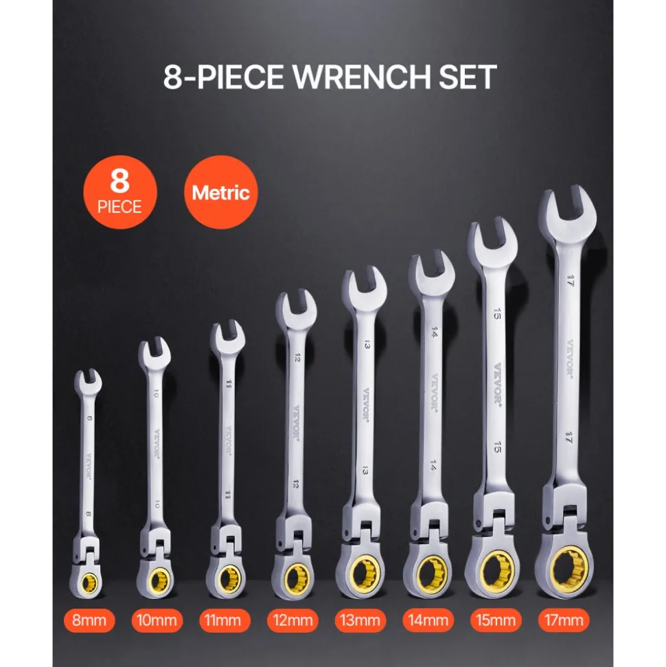 VEVOR Flex-Head Ratcheting Wrench Set, 8-piece Combination Wrench Set with Roll-up Pouch, Cr-V Steel Flexible Ratcheting Wrench Set Metric 8 mm to 17 mm, Ideal for General Household, Auto Repairs