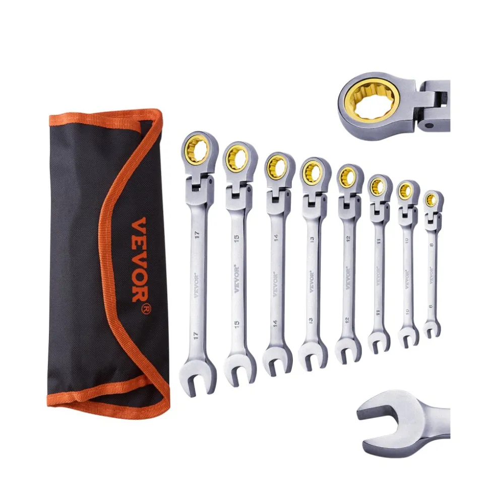 VEVOR Flex-Head Ratcheting Wrench Set, 8-piece Combination Wrench Set with Roll-up Pouch, Cr-V Steel Flexible Ratcheting Wrench Set Metric 8 mm to 17 mm, Ideal for General Household, Auto Repairs