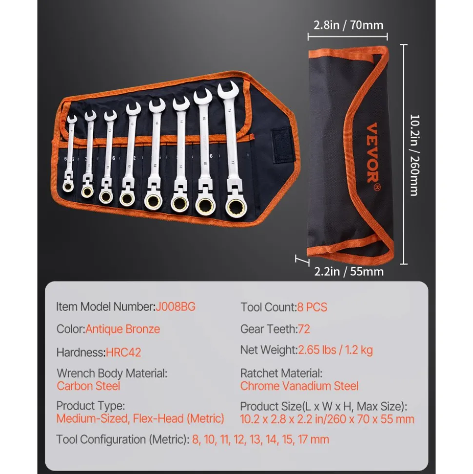 VEVOR Flex-Head Ratcheting Wrench Set, 8-piece Combination Wrench Set with Roll-up Pouch, Cr-V Steel Flexible Ratcheting Wrench Set Metric 8 mm to 17 mm, Ideal for General Household, Auto Repairs