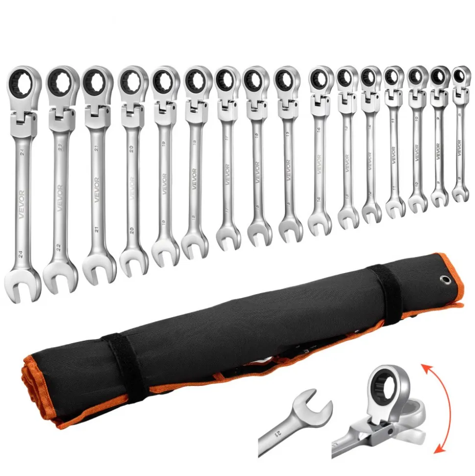 VEVOR Flex-Head Ratcheting Wrench Set, 30-Piece SAE and Metric, 72 Teeth, Cr-V Steel Ratchet Flexible Combination Wrench Set with Roll Up Pouch, for General Household and Automotive Repairs, Silver