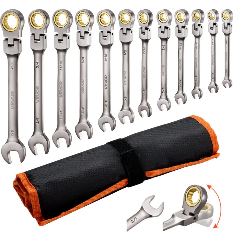 VEVOR Flex-Head Ratcheting Wrench Set, 12-Piece SAE Sizes, 72 Teeth, Cr-V Steel Ratchet Flexible Combination Wrench Set with Roll Up Pouch, for General Household and Automotive Repairs, Gray Nickel