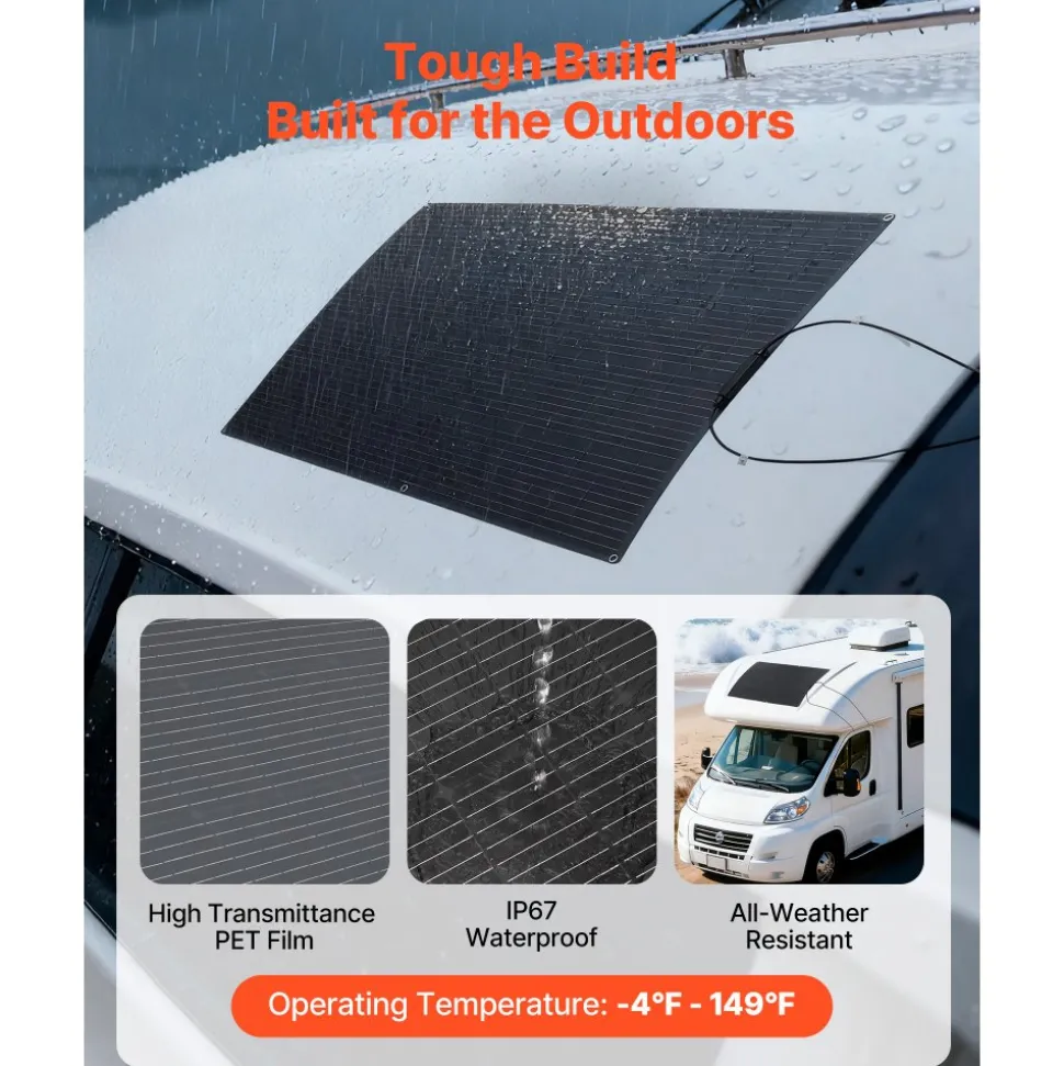 VEVOR Flexible Solar Panel, 200W Semi-Flexible Bendable Monocrystalline Solar Panel, 21.9% Efficiency Mono Off-Grid Charger with MC4 Output, IP67 Waterproof for Marine RV Car Cabin Curved Surfaces