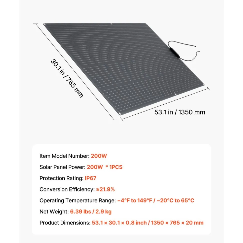 VEVOR Flexible Solar Panel, 200W Semi-Flexible Bendable Monocrystalline Solar Panel, 21.9% Efficiency Mono Off-Grid Charger with MC4 Output, IP67 Waterproof for Marine RV Car Cabin Curved Surfaces