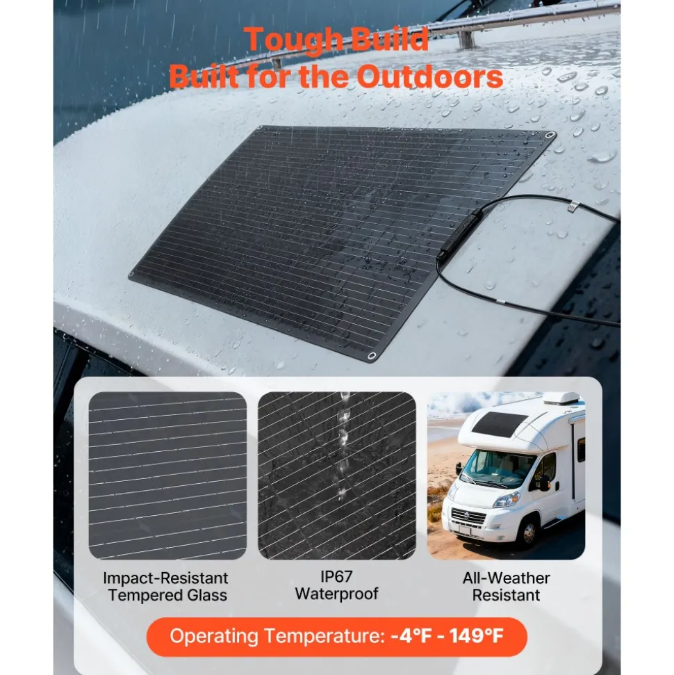 VEVOR Flexible Solar Panel, 100W Semi-Flexible Bendable Monocrystalline Solar Panel, 23% Efficiency Mono Off-Grid Charger with MC4 Output, IP67 Waterproof for Marine RV Car Cabin Curved Surfaces