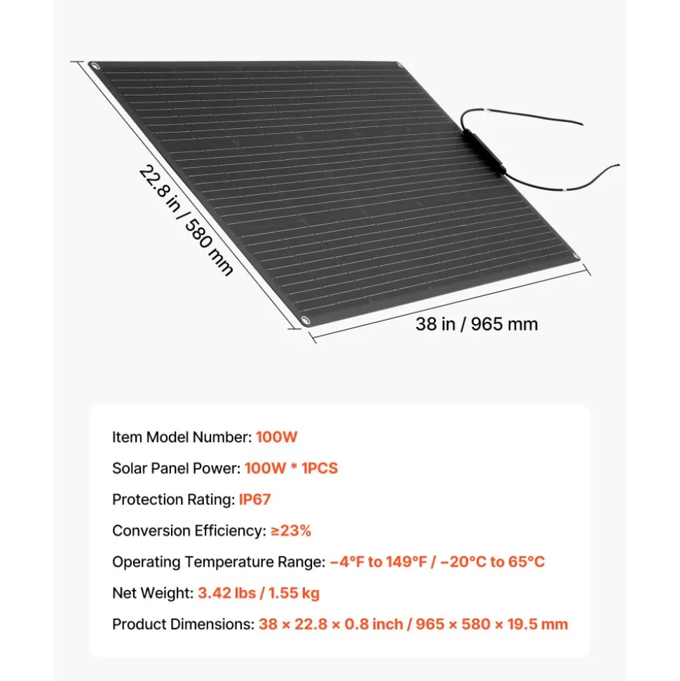 VEVOR Flexible Solar Panel, 100W Semi-Flexible Bendable Monocrystalline Solar Panel, 23% Efficiency Mono Off-Grid Charger with MC4 Output, IP67 Waterproof for Marine RV Car Cabin Curved Surfaces