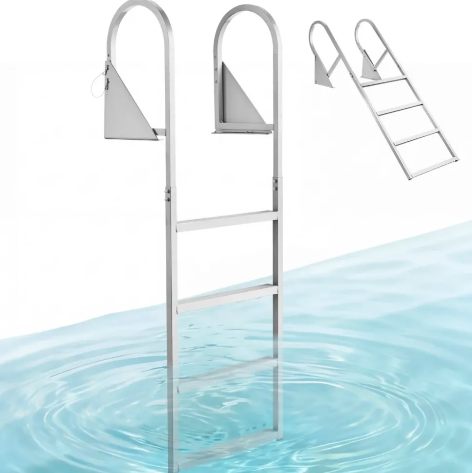 VEVOR Flip-Up Dock Ladder, 4-Step, Heavy-Duty Aluminum Alloy Pontoon Boat Swim Ladder, with Non-Slip Wide Steps, 350 lbs Weight Capacity, Pull Rope Assist, for Lake Swimming, Pool, Marine Boarding