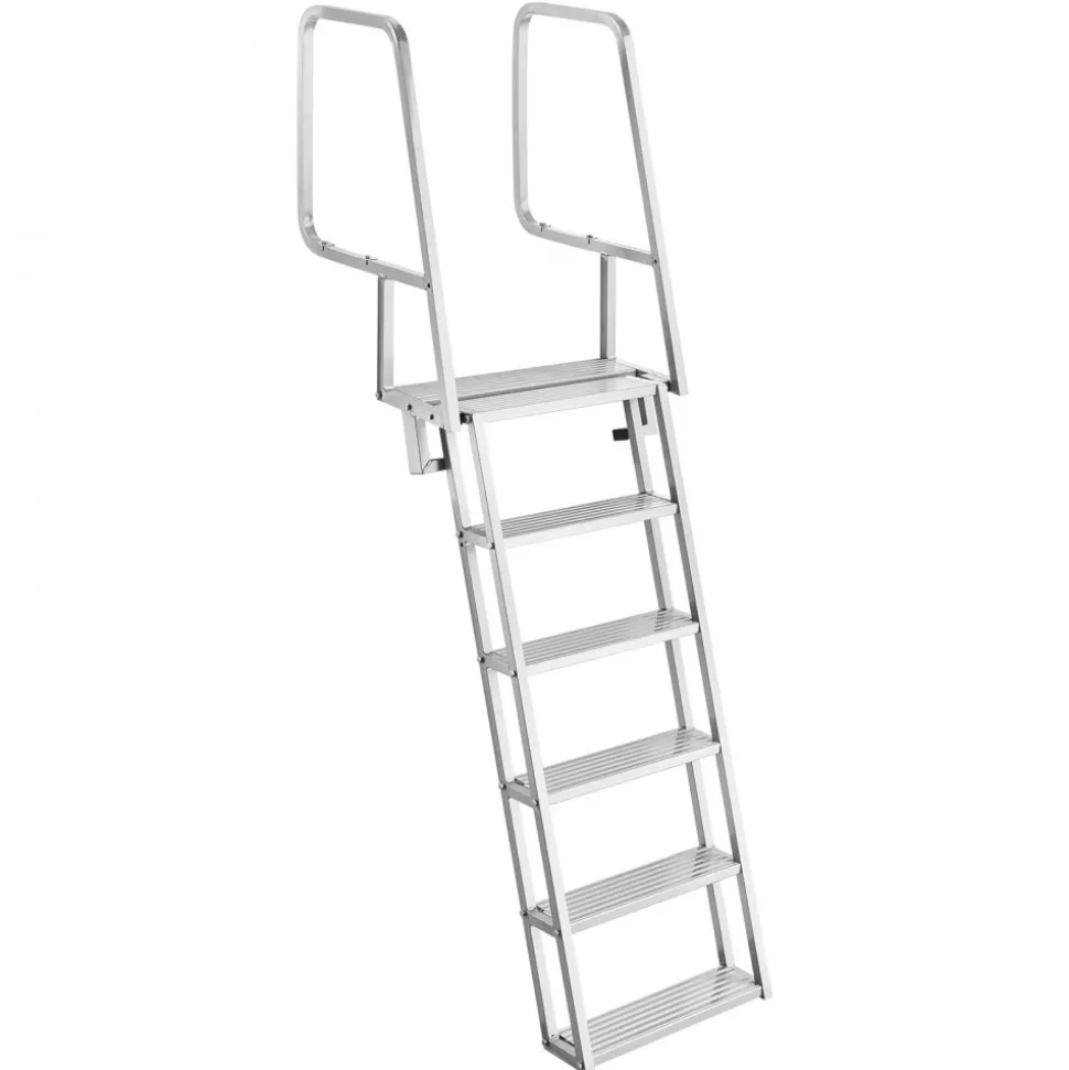 VEVOR Flip-Up Dock Ladder, 6-Step, Heavy-Duty Aluminum Alloy Pontoon Boat Swim Ladder, with Non-Slip Wide Steps, 350 lbs Weight Capacity, Pull Rope Assist, Comfort Use for Lake Pool Marine Boarding