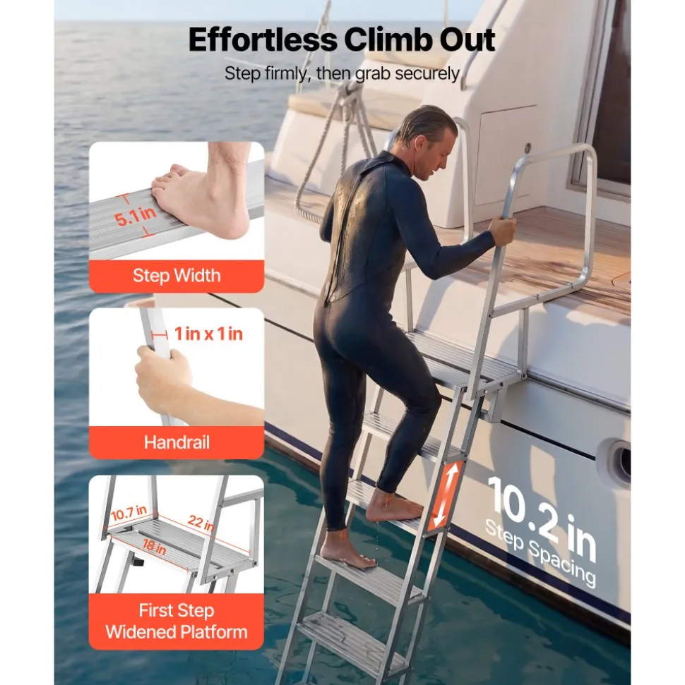 VEVOR Flip-Up Dock Ladder, 6-Step, Heavy-Duty Aluminum Alloy Pontoon Boat Swim Ladder, with Non-Slip Wide Steps, 350 lbs Weight Capacity, Pull Rope Assist, Comfort Use for Lake Pool Marine Boarding