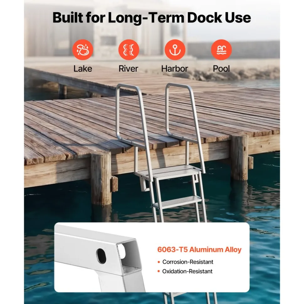 VEVOR Flip-Up Dock Ladder, 6-Step, Heavy-Duty Aluminum Alloy Pontoon Boat Swim Ladder, with Non-Slip Wide Steps, 350 lbs Weight Capacity, Pull Rope Assist, Comfort Use for Lake Pool Marine Boarding