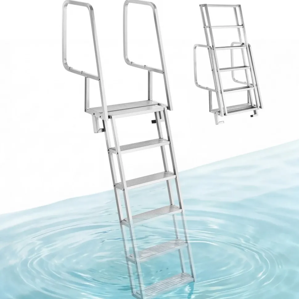 VEVOR Flip-Up Dock Ladder, 6-Step, Heavy-Duty Aluminum Alloy Pontoon Boat Swim Ladder, with Non-Slip Wide Steps, 350 lbs Weight Capacity, Pull Rope Assist, Comfort Use for Lake Pool Marine Boarding