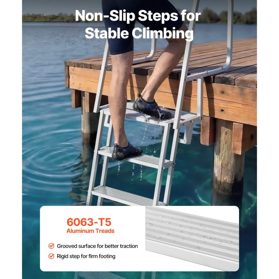 VEVOR Flip-Up Dock Ladder, 6-Step, Heavy-Duty Aluminum Alloy Pontoon Boat Swim Ladder, with Non-Slip Wide Steps, 350 lbs Weight Capacity, Pull Rope Assist, Comfort Use for Lake Pool Marine Boarding