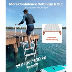 VEVOR Flip-Up Dock Ladder, 6-Step, Heavy-Duty Aluminum Alloy Pontoon Boat Swim Ladder, with Non-Slip Wide Steps, 350 lbs Weight Capacity, Pull Rope Assist, Comfort Use for Lake Pool Marine Boarding