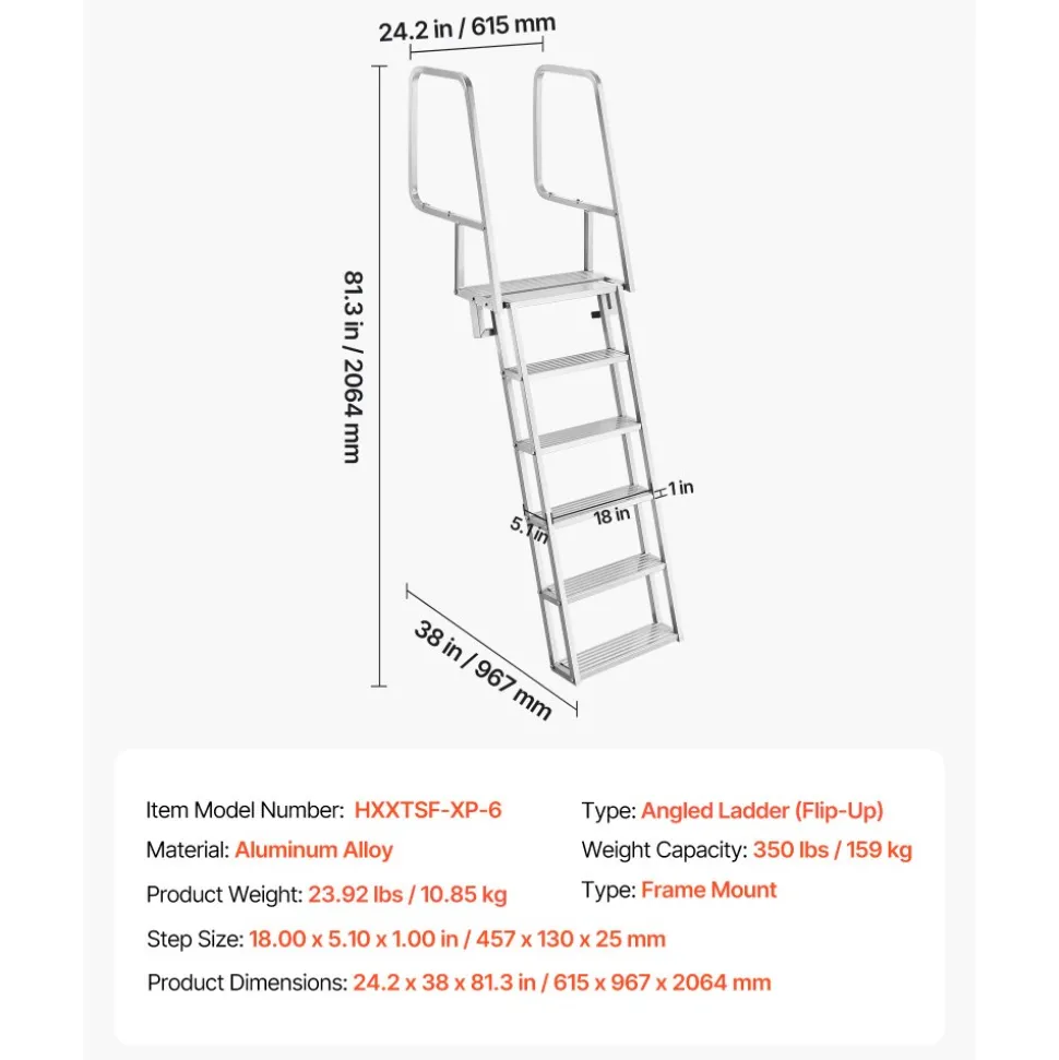 VEVOR Flip-Up Dock Ladder, 6-Step, Heavy-Duty Aluminum Alloy Pontoon Boat Swim Ladder, with Non-Slip Wide Steps, 350 lbs Weight Capacity, Pull Rope Assist, Comfort Use for Lake Pool Marine Boarding