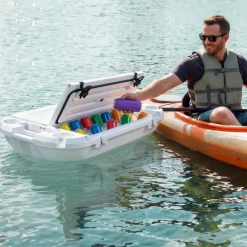 VEVOR Floating Cooler, 40 QT Floating Ice Chest with Dry Storage, Wheels & Tow Rope, Premium LLDPE Amphibious Drink Cooler for Water & Land, Cruise Stable on Lake, River, Pool, Beach, Kayak, Orange
