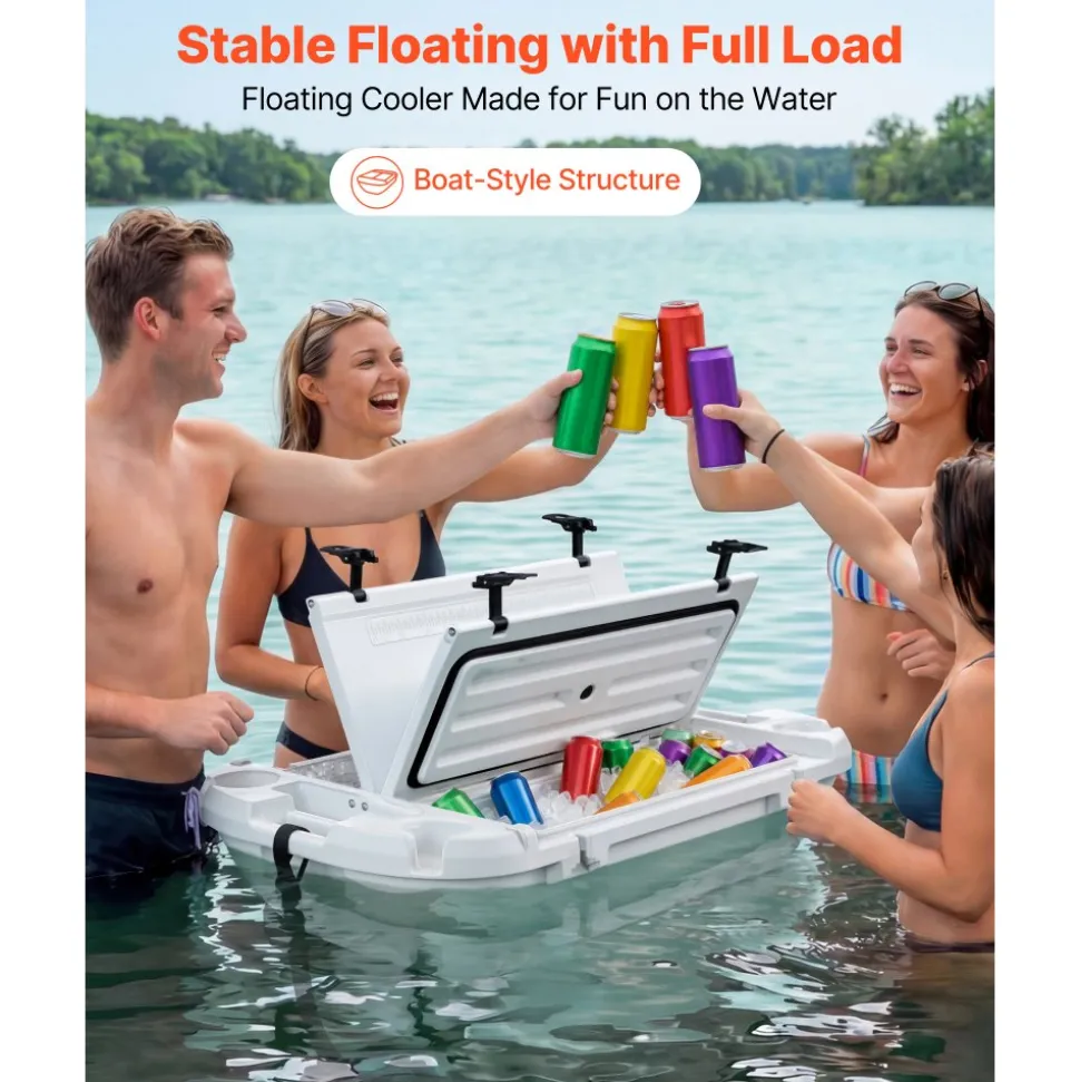 VEVOR Floating Cooler, 40 QT Floating Ice Chest with Dry Storage & Tow Rope, Premium LLDPE Amphibious Drink Cooler for Water & Land, Cruise Smoothly Stable on Lake, River, Pool, Beach, Kayak, White