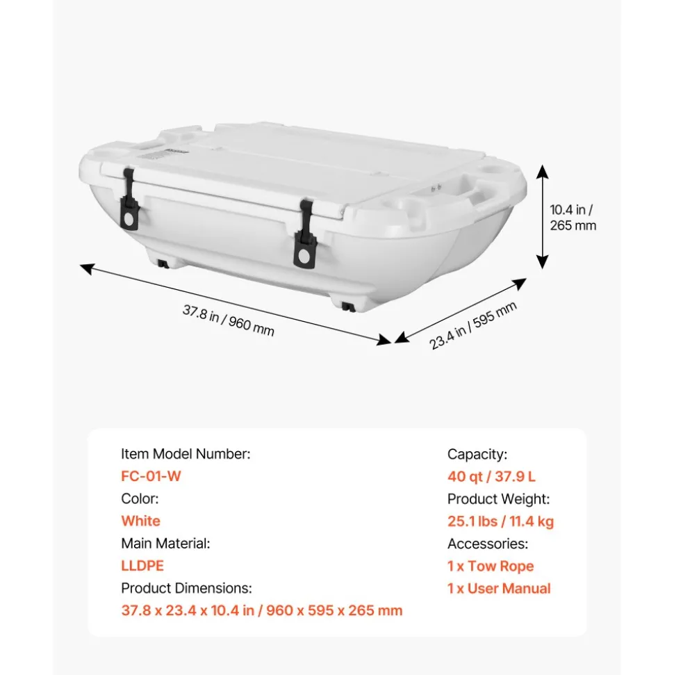 VEVOR Floating Cooler, 40 QT Floating Ice Chest with Dry Storage & Tow Rope, Premium LLDPE Amphibious Drink Cooler for Water & Land, Cruise Smoothly Stable on Lake, River, Pool, Beach, Kayak, White